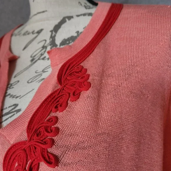 Soft Surroundings Linen Blend Ribbon Embellishing Tunic Top Long Sleeve Coral - Picture 2 of 8